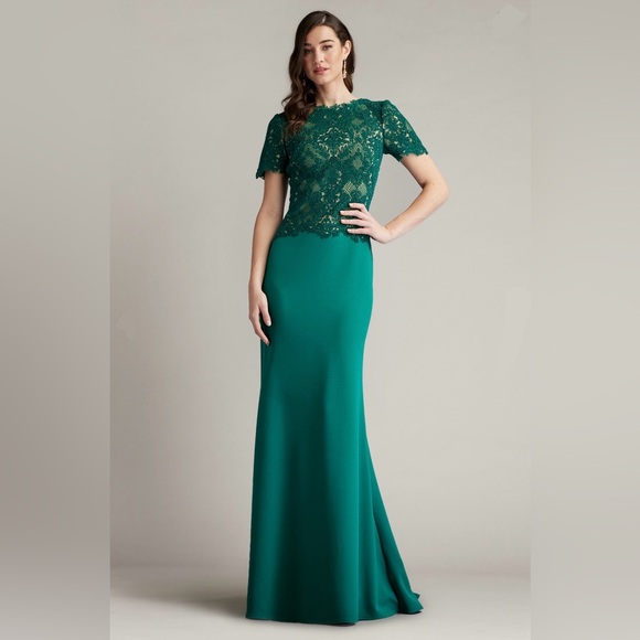 Tadashi Shoji Mitra Lattice Embroidered Bodice Gown Emerald Green